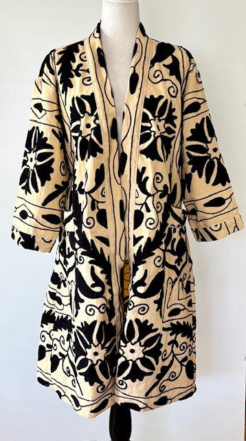 Classic Beige and Black New Suzani Kantha Quilted Jacket. Sophisticated