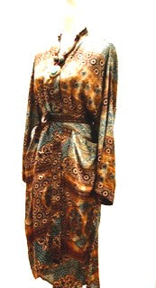 Luxury Silk Kimono Duster Dress:  Dramatic Mixed Print (Bronze/Blue)