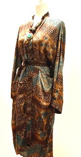 Luxury Silk Kimono Duster Dress:  Dramatic Mixed Print (Bronze/Blue)