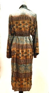 Luxury Silk Kimono Duster Dress:  Dramatic Mixed Print (Bronze/Blue)