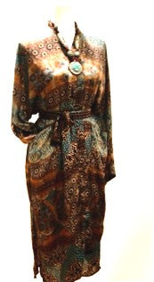 Luxury Silk Kimono Duster Dress:  Dramatic Mixed Print (Bronze/Blue)