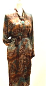 Luxury Silk Kimono Duster Dress:  Dramatic Mixed Print (Bronze/Blue)