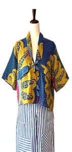 Luxury Silk Kimono Duster Dress:  Dramatic Mixed Print (Bronze/Blue)