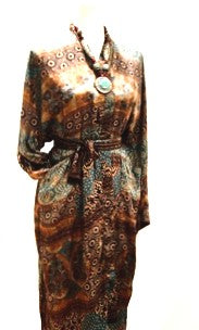 Luxury Silk Kimono Duster Dress:  Dramatic Mixed Print (Bronze/Blue)