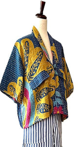 Luxury Silk Kimono Duster Dress:  Dramatic Mixed Print (Bronze/Blue)
