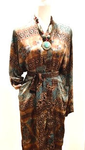 Luxury Silk Kimono Duster Dress:  Dramatic Mixed Print (Bronze/Blue)