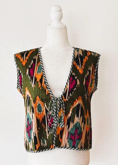 Ikat Fashion Vest With Striped Piping and Tie.  Fully Reversible.