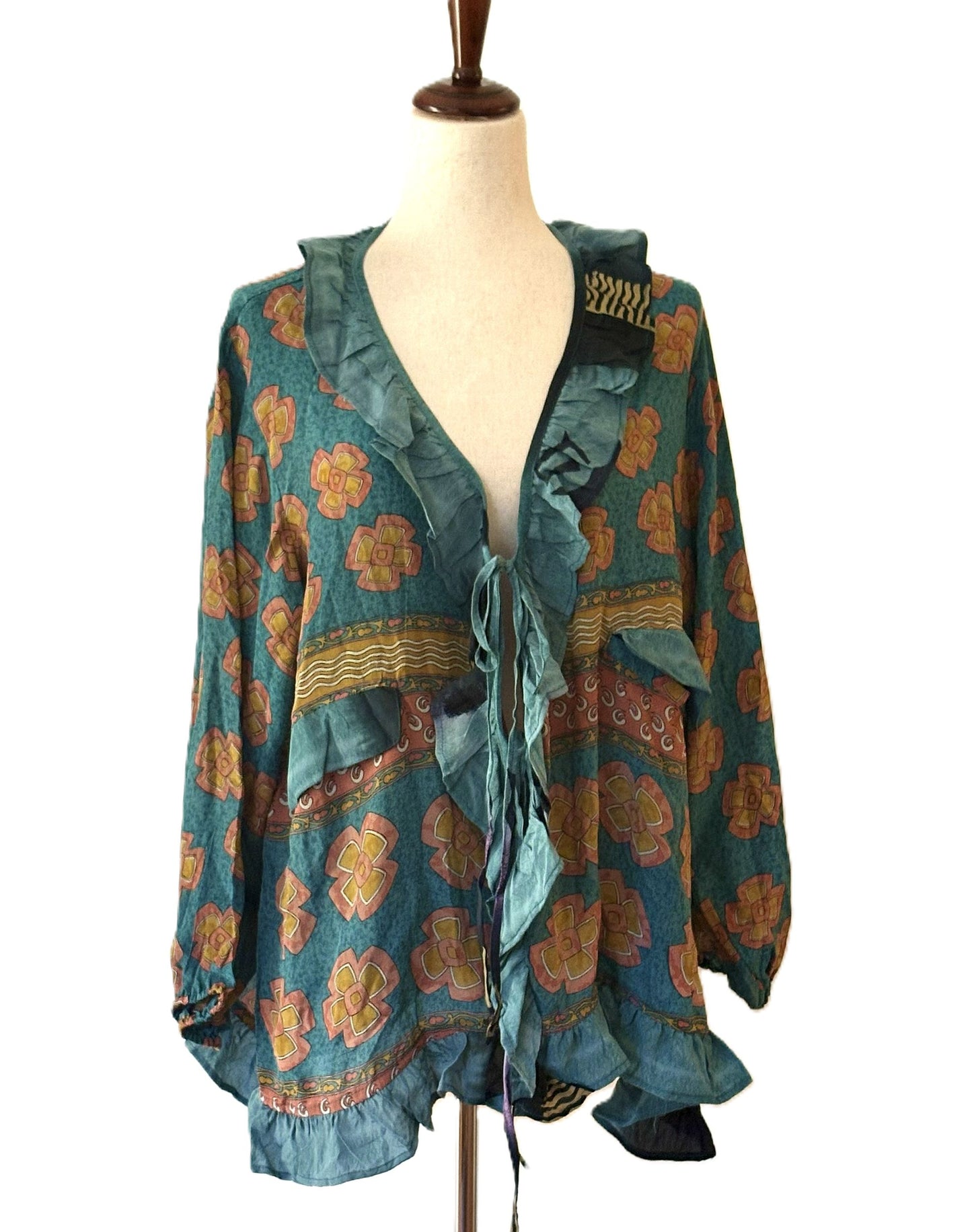 Kantha Bae Crepe Sari Ruffle Daisy Blouse (Teal Bronze)