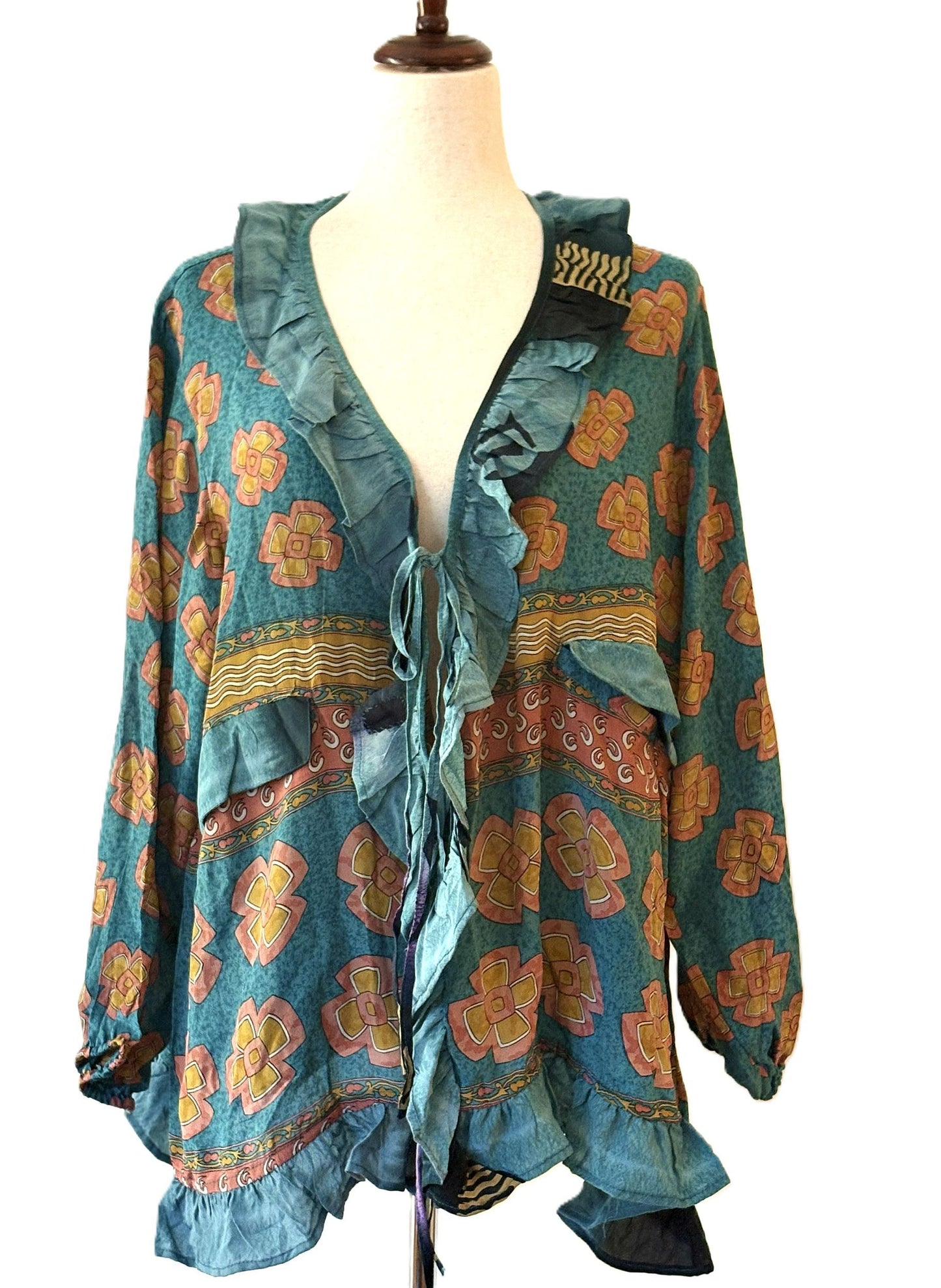 Kantha Bae Crepe Sari Ruffle Daisy Blouse (Teal Bronze)