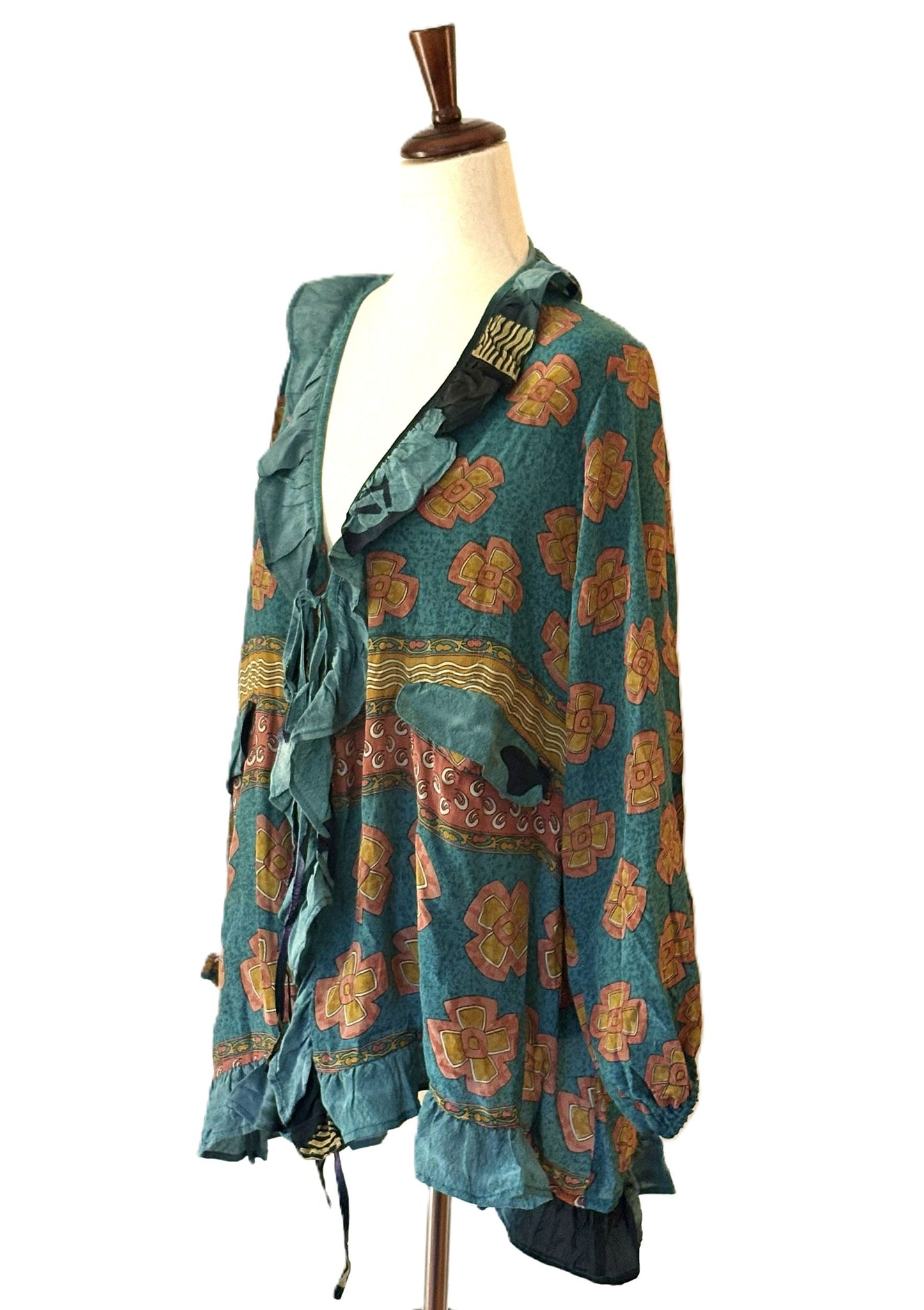Kantha Bae Crepe Sari Ruffle Daisy Blouse (Teal Bronze)