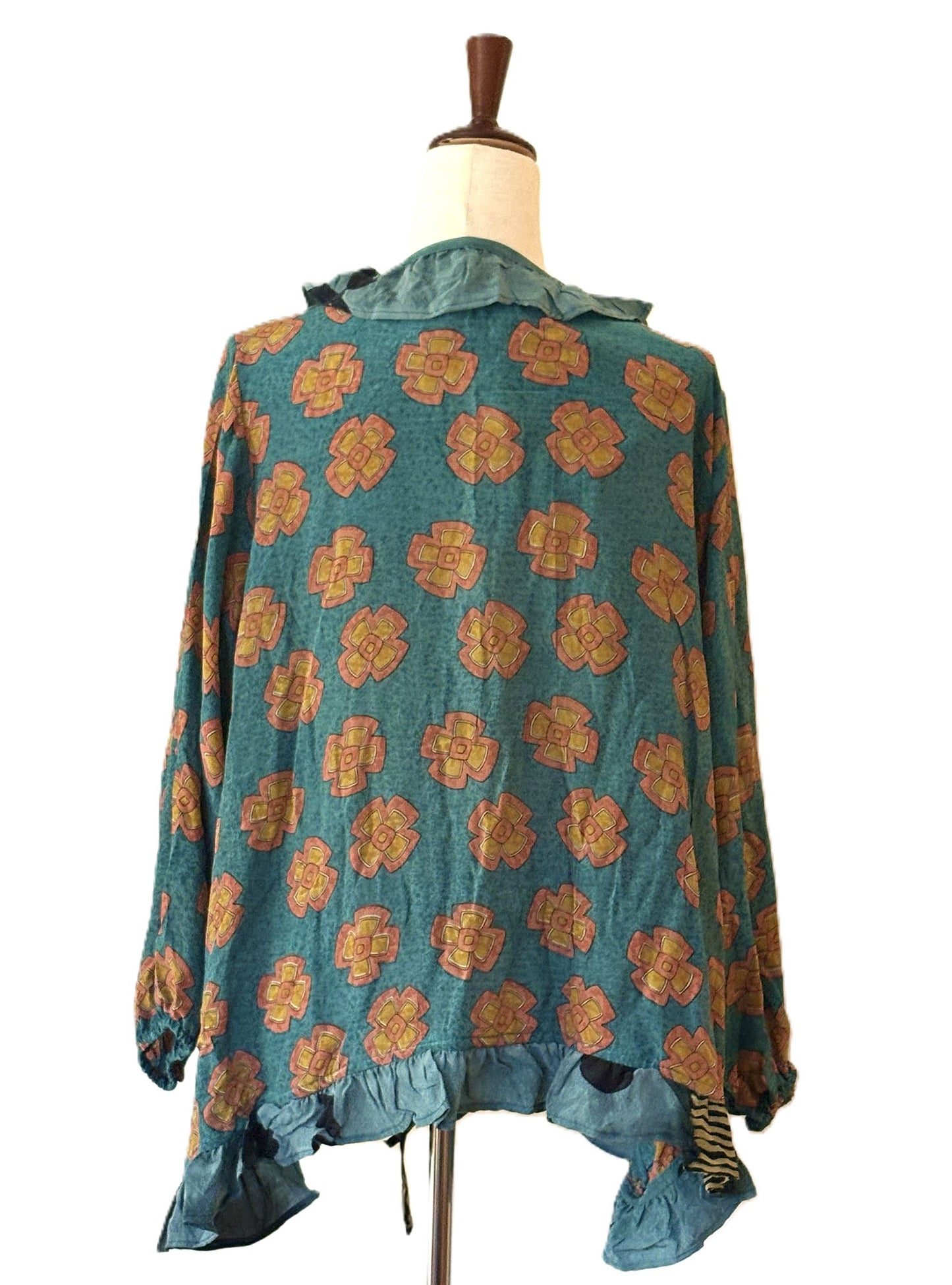 Kantha Bae Crepe Sari Ruffle Daisy Blouse (Teal Bronze)