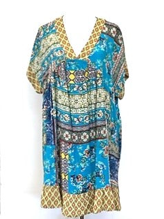 V Neck Border Print Woven Short Dress.  Easy Casual Basic. (Blue)