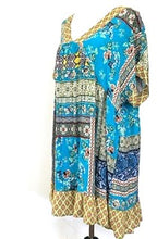 V Neck Border Print Woven Short Dress.  Easy Casual Basic. (Blue)