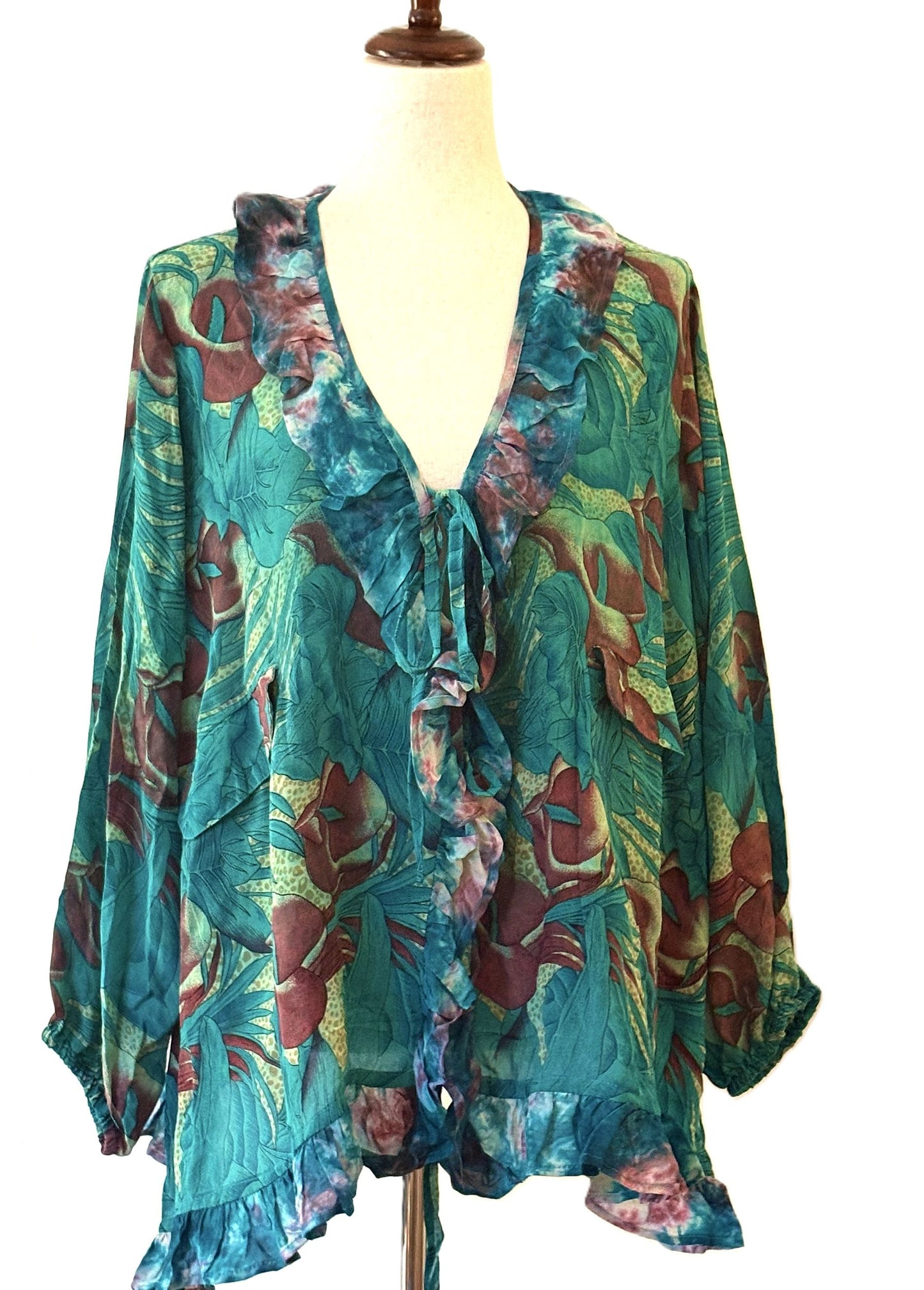 Kantha Bae Crepe Sari Ruffle Daisy Blouse (Turquoise)
