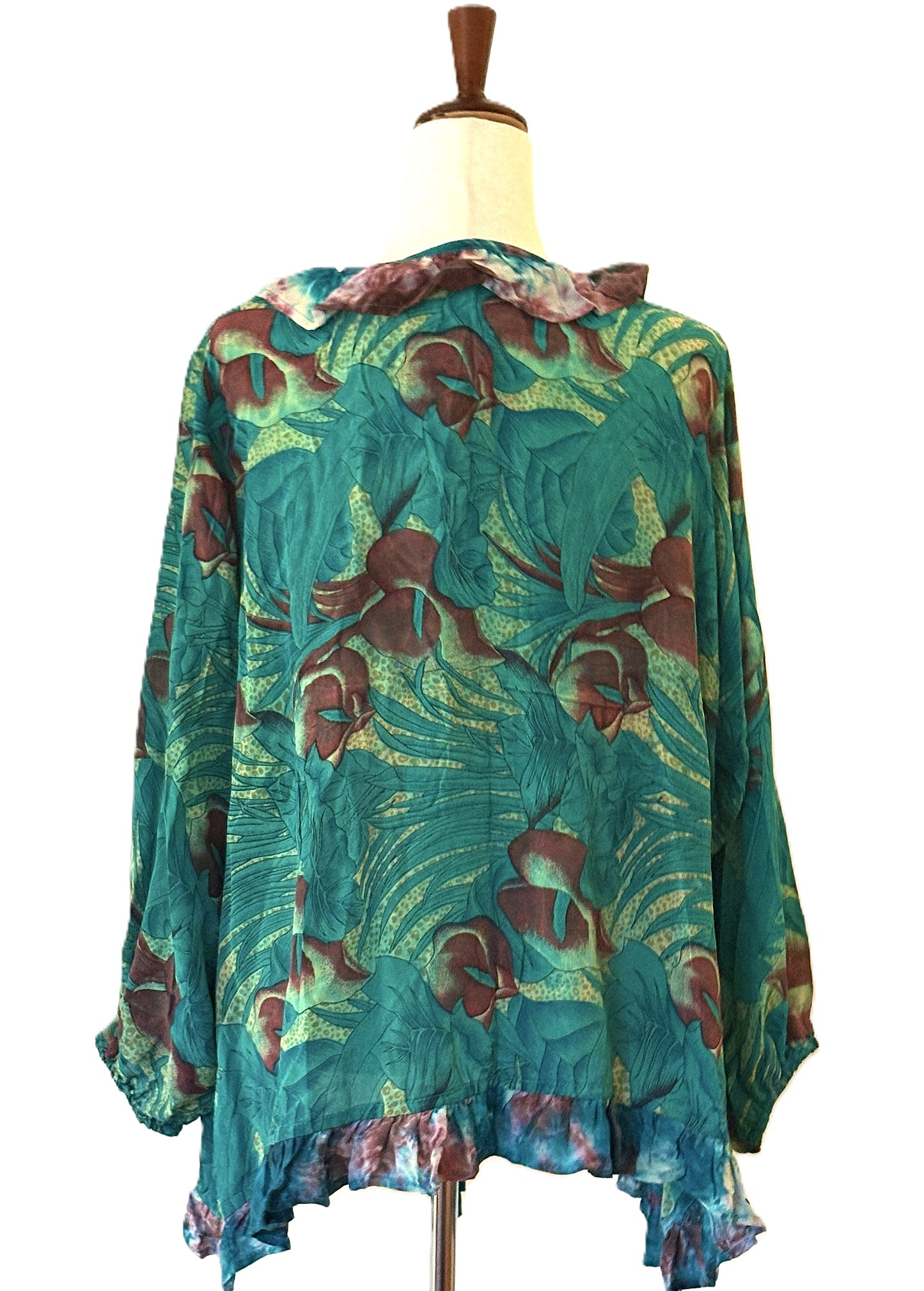 Kantha Bae Crepe Sari Ruffle Daisy Blouse (Turquoise)