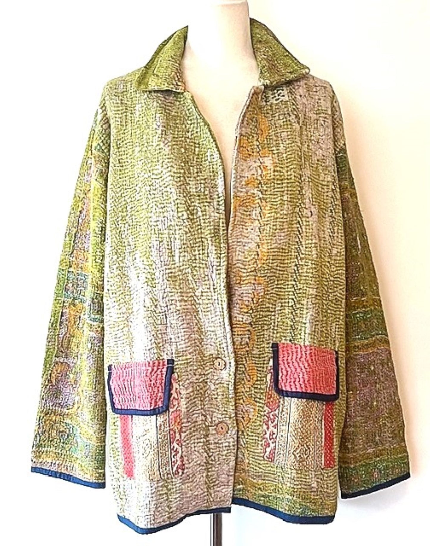 Specialty Collection: Refined, Quilted Hand Embroidered Short Jacket. Fully Reversible. (Avocado)