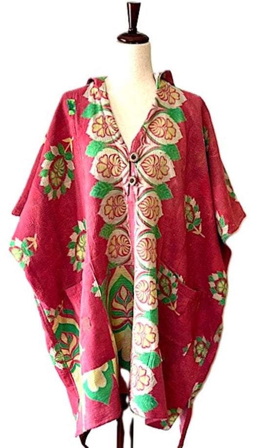 Kantha Bae Peace And Love Poncho. (Pink Floral)