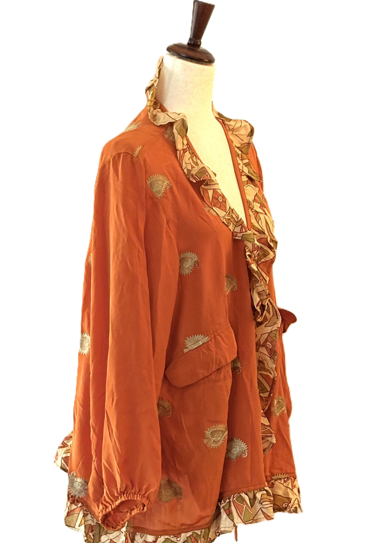 Kantha Bae Crepe Sari Ruffle Daisy Blouse (Orange Gold)