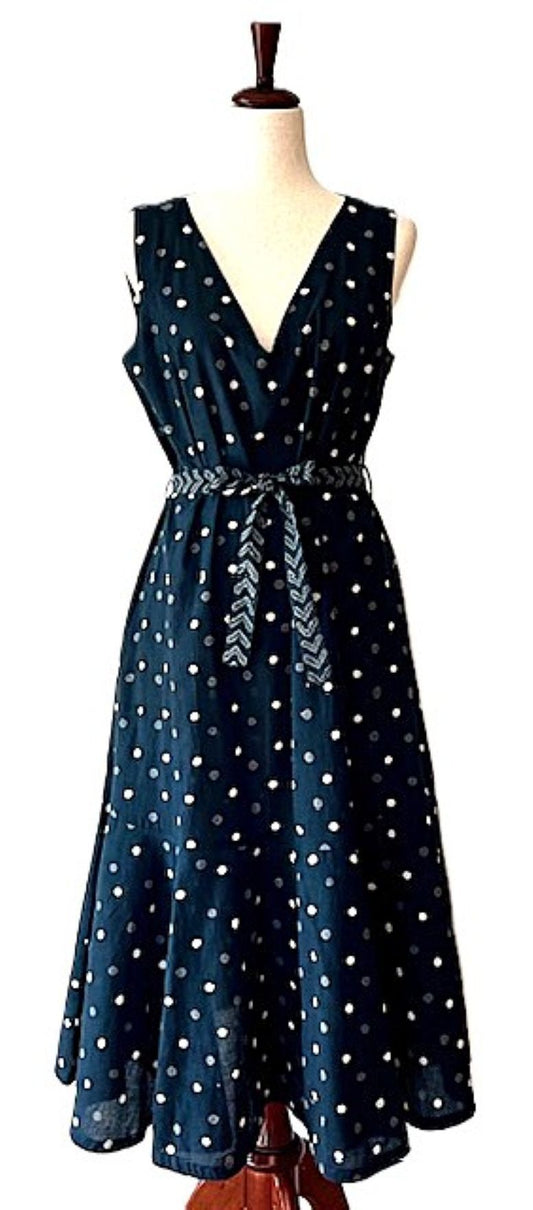 Midi Length Sleevless Dress Is A Statement Piece. Stylish And Chic. (Navy Dot).