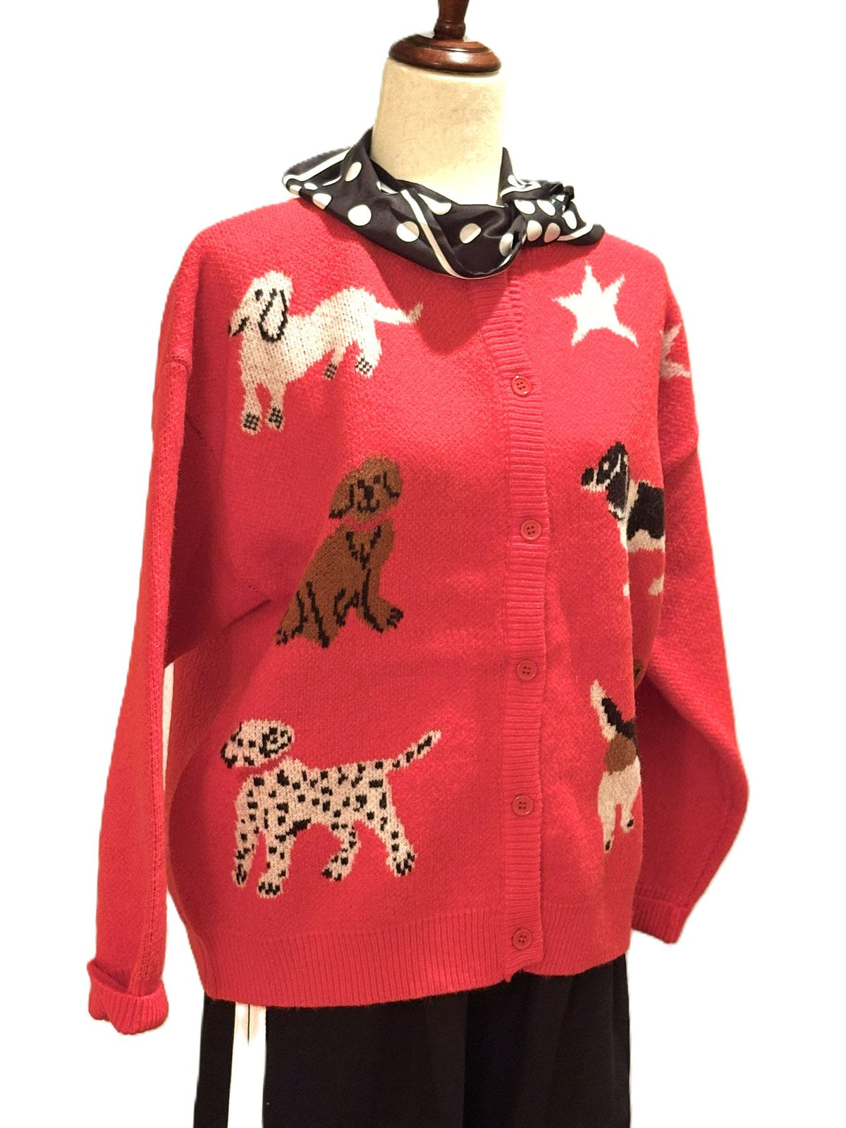 Top, "Man's Best Friend" Knit Cardigan Sweater (Red). Adorable