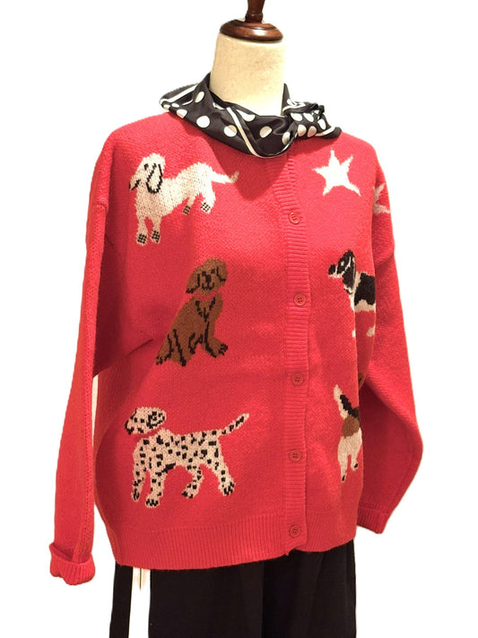 Top, "Man's Best Friend" Knit Cardigan Sweater (Red). Adorable
