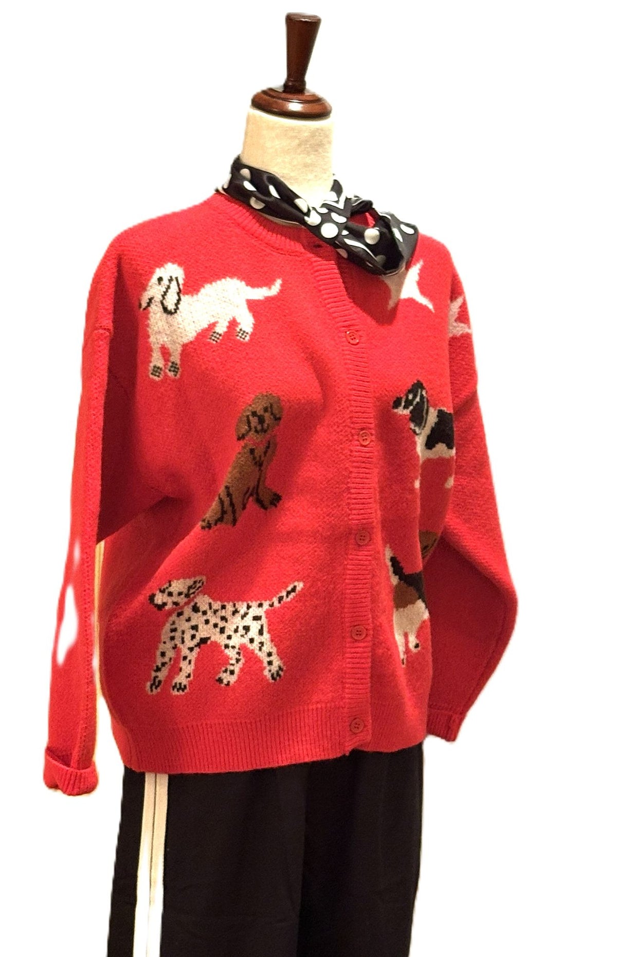Top, "Man's Best Friend" Knit Cardigan Sweater (Red). Adorable