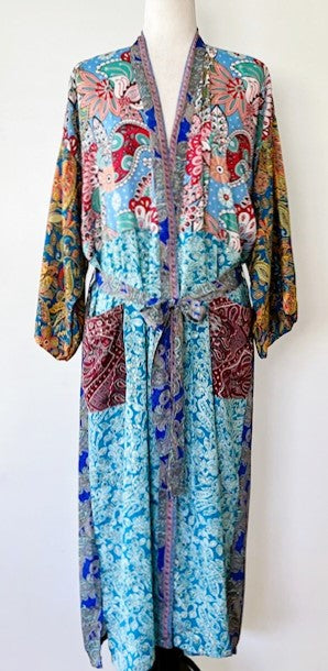 Luxury Mixed Print Silk Blend Kimono Duster Is Provocative (Aqua)