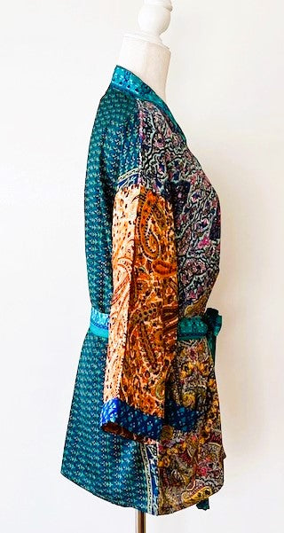 Short Stylish Patchwork Silk Blend Kimono Jacket (Mixed)