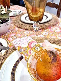 Table, Handmade Block Print Cotton Tablecloth With 6 Napkins: Bright Abstract Floral (60 X 90)