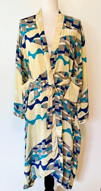 Wrap Silk Duster Kimono Is Soft and Feminine (Beige and Turquoise)