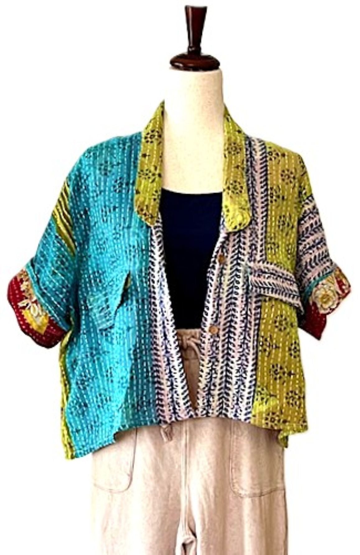 Kantha Bae Clarity Crop Tops Are Fully Reversible "Camp" Shirts. (Turquoise Olive)