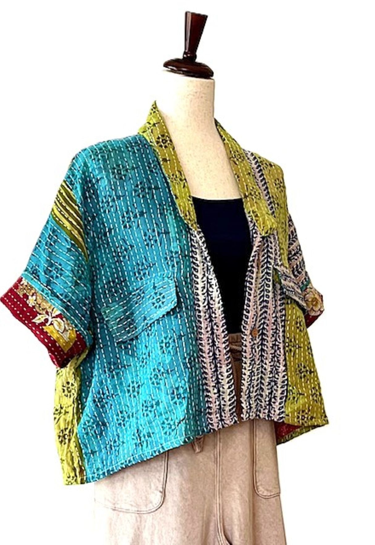 Kantha Bae Clarity Crop Tops Are Fully Reversible "Camp" Shirts. (Turquoise Olive)