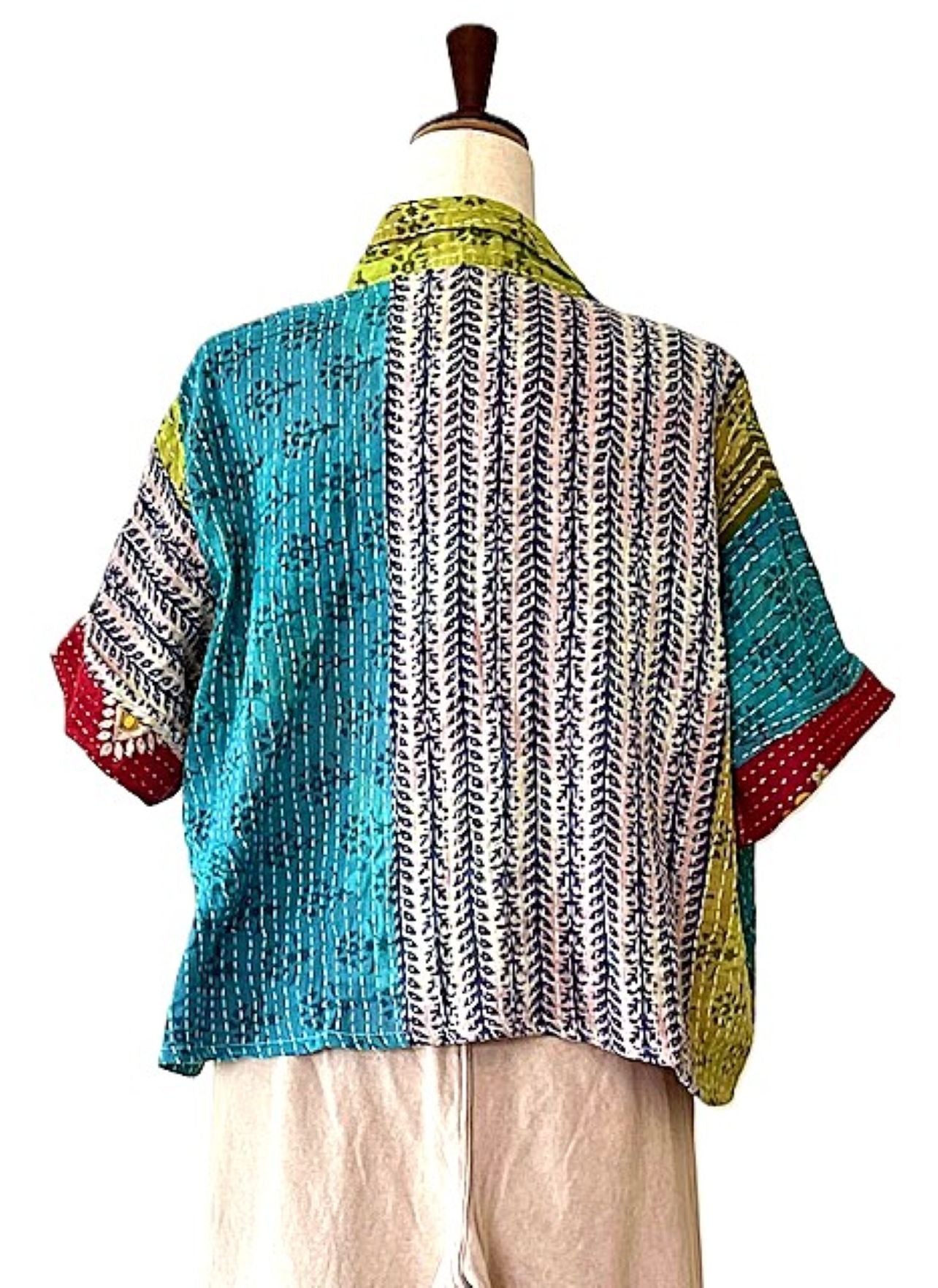 Kantha Bae Clarity Crop Tops Are Fully Reversible "Camp" Shirts. (Turquoise Olive)