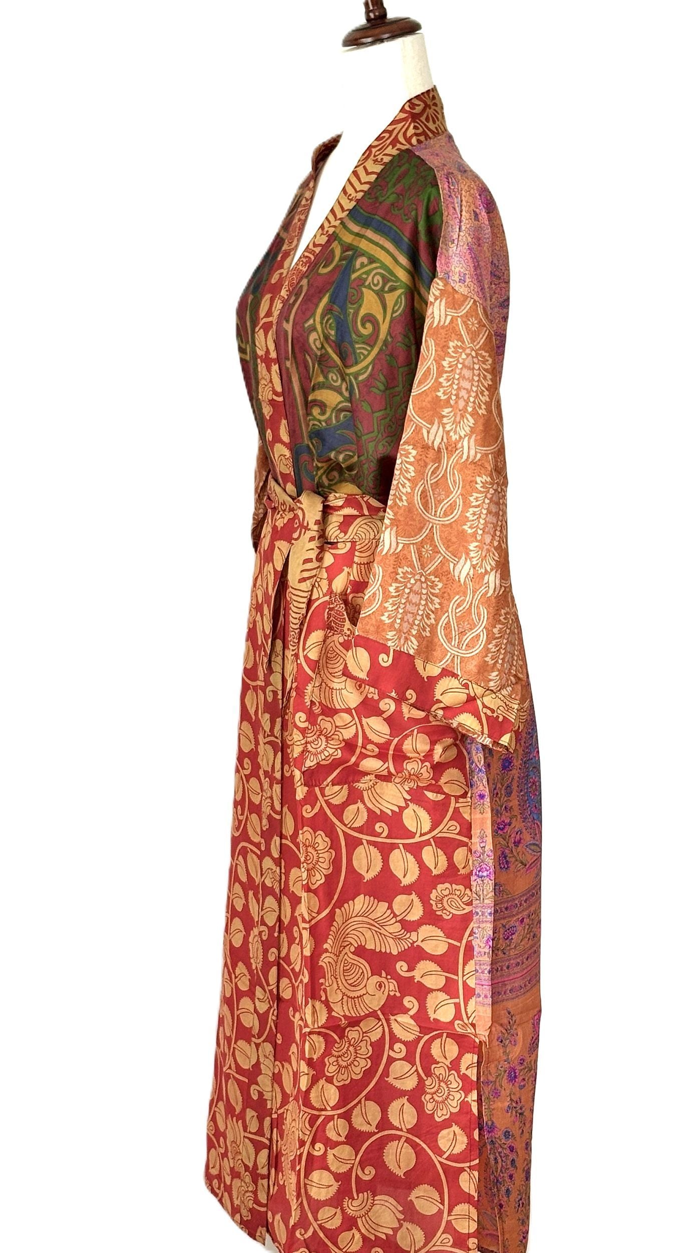 Top of the Line Silk Kimono Duster, Rich Warm Print, With Border
