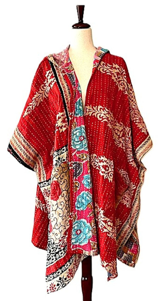 Kantha Bae Wanderlust Poncho. (Red)