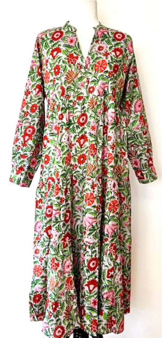 Tiered Flounce Block Print Cotton Dress. So Flattering. (Green Flowers)
