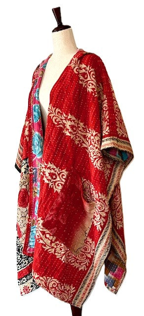 Kantha Bae Wanderlust Poncho. (Red)