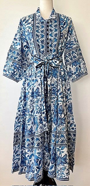 Cotton Block Print Midi Dress Is Smart With A Polished Look (Blue and white)