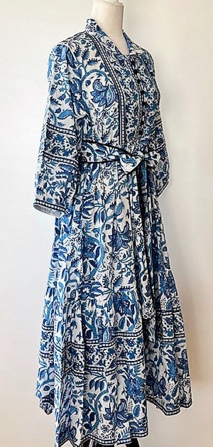 Cotton Block Print Midi Dress Is Smart With A Polished Look (Blue and white)