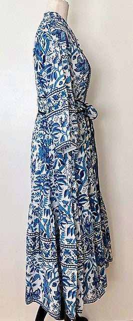 Cotton Block Print Midi Dress Is Smart With A Polished Look (Blue and white)