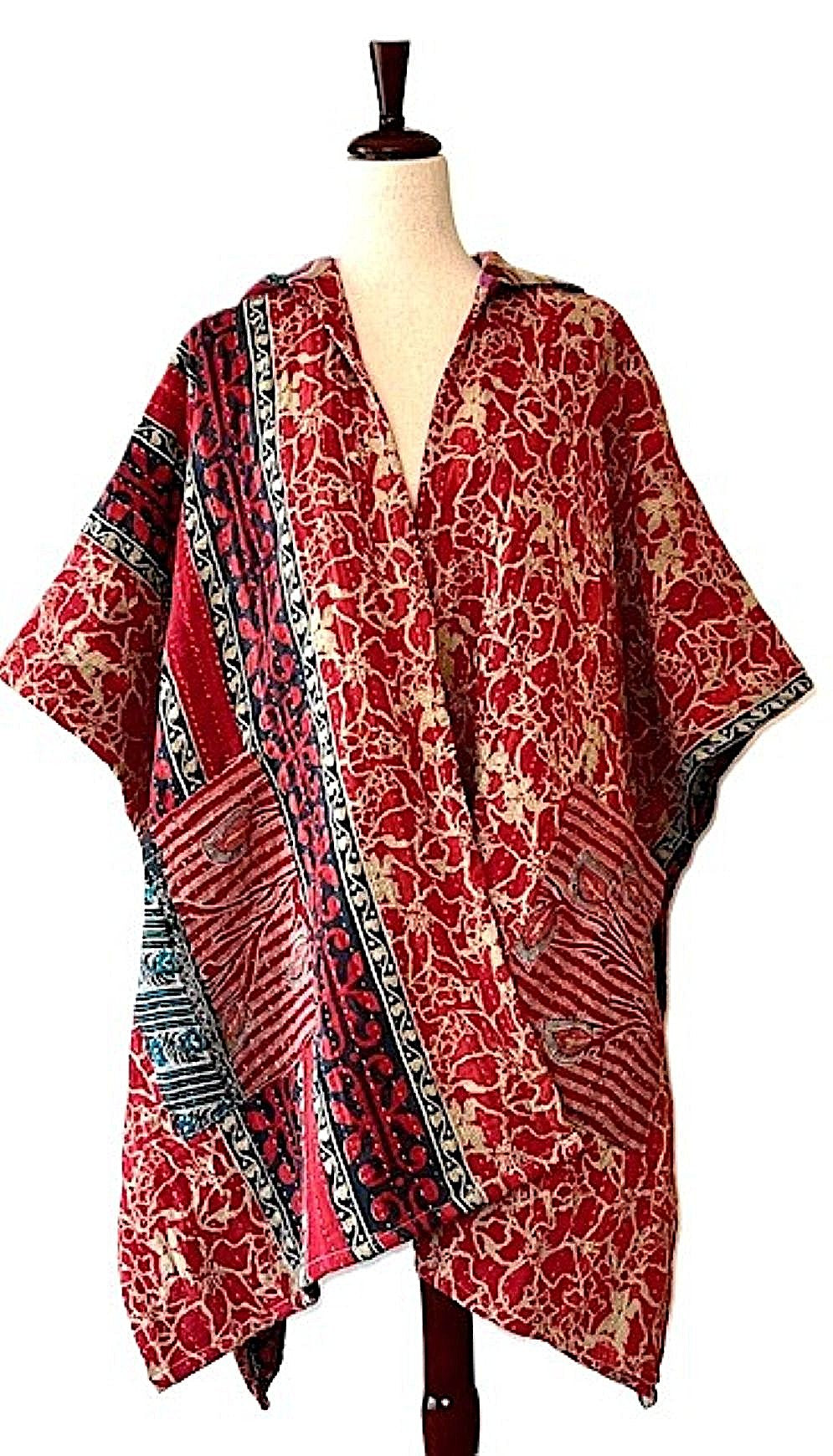 Kantha Bae Wanderlust Poncho. (Red & Blue)