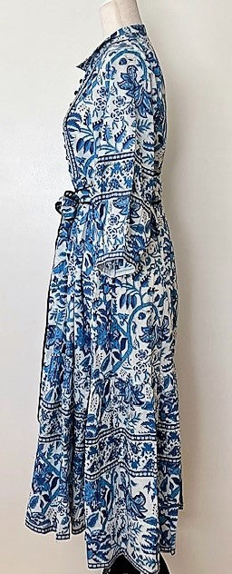 Cotton Block Print Midi Dress Is Smart With A Polished Look (Blue and white)