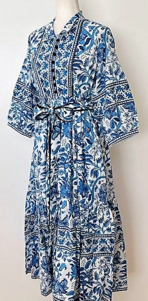 Cotton Block Print Midi Dress Is Smart With A Polished Look (Blue and white)