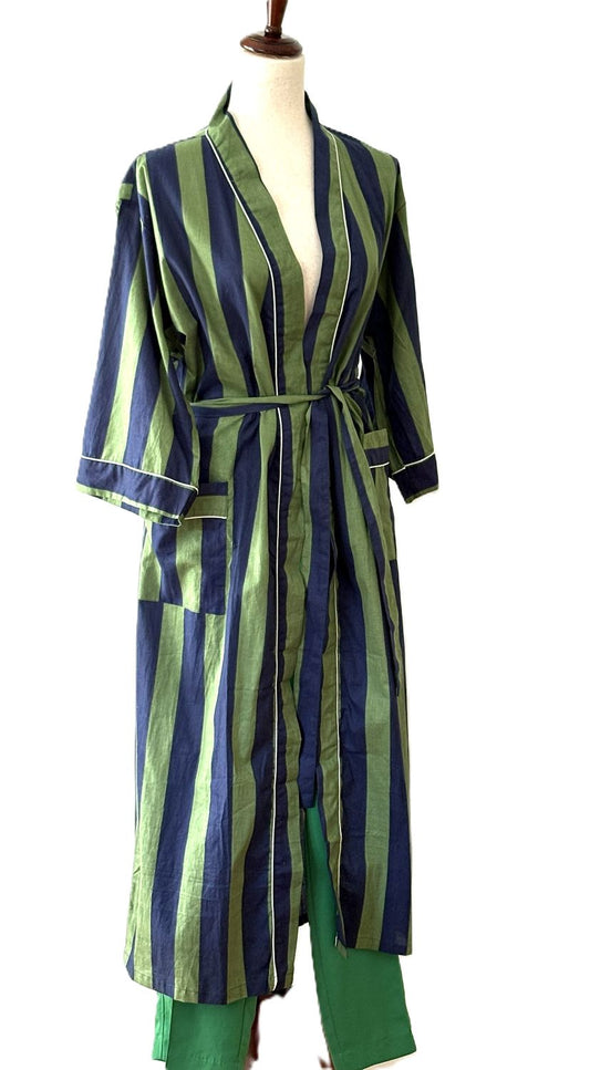Hand Block Printed Cotton Kimono Duster: Green Navy Stripe