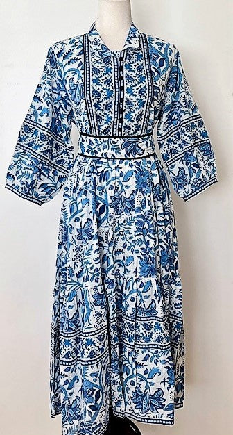 Cotton Block Print Midi Dress Is Smart With A Polished Look (Blue and white)