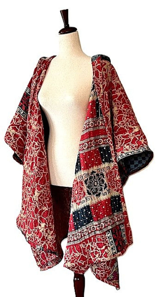 Kantha Bae Wanderlust Poncho. (Red & Blue)