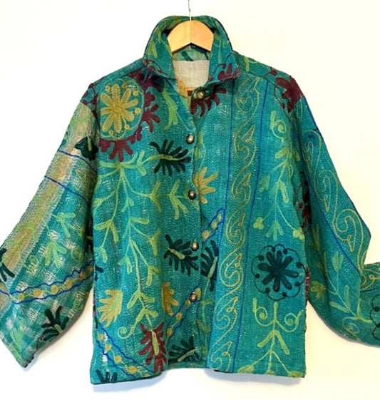 Specialty Collection: Shirt Style Button Down Jacket With Embroidery (Emerald)