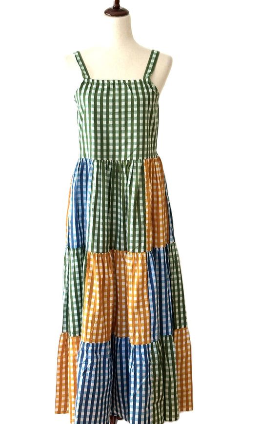 Dresses: Colorful Long 3 Tiered Checked Cotton Midi Dress.