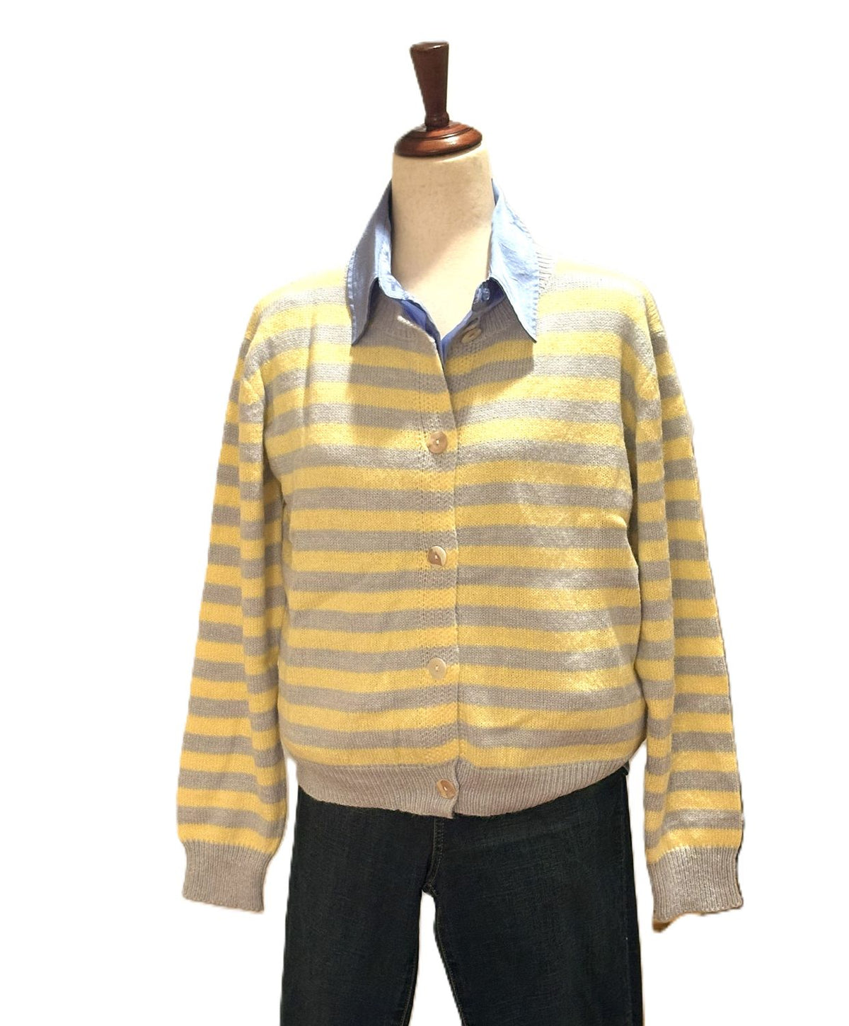 Top, Slouchy Colorblock Hollow Stripe Button Knit Cardigan