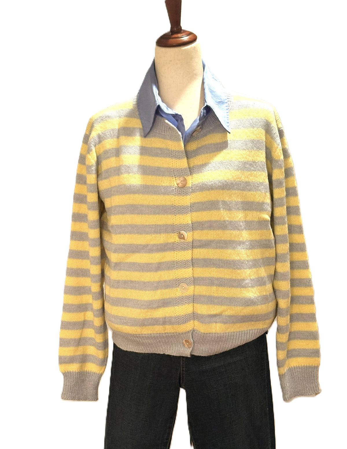 Top, Slouchy Colorblock Hollow Stripe Button Knit Cardigan